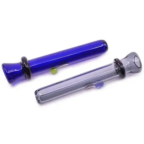 Two glass chillum bats, one vibrant blue and one smoky gray, are displayed side-by-side on a white background, showcasing their sleek design and colored accents.