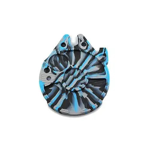 Close-up, centered view of a blue, black, and grey swirled silicone dab tray shaped like the Millennium Falcon, featuring various compartments and textures.