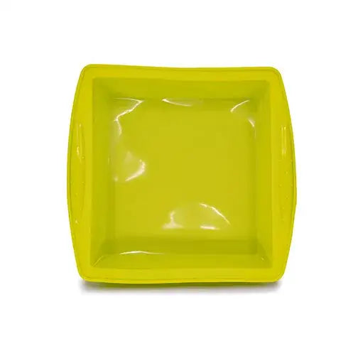 Top-down view of a bright lime green square silicone dish with slightly rounded corners, designed as a smoking accessory.
