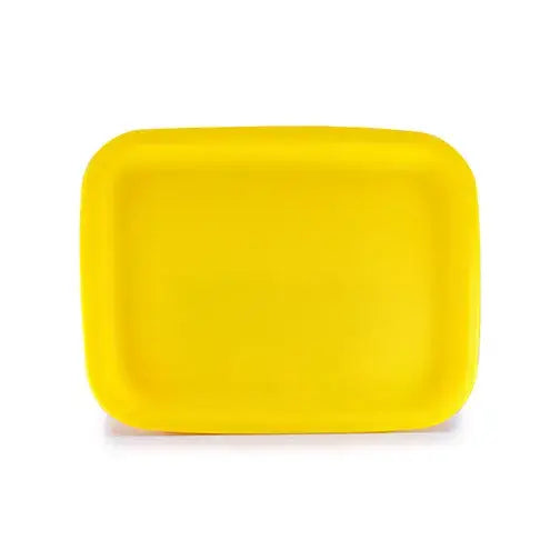 A bright yellow rectangular silicone tray with rounded corners, shown from a slightly elevated angle against a white background.