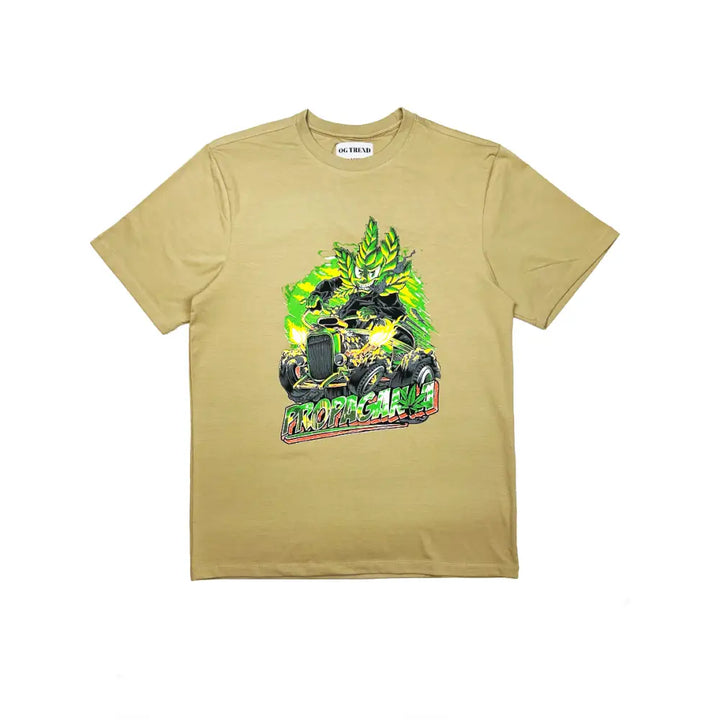 A light brown short-sleeve t-shirt featuring a vibrant green and yellow graphic of a plant-like character driving a kart with the word 'PROPAGANDA' on the front.
