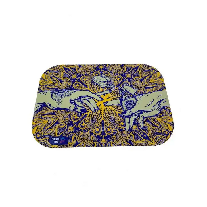 A rectangular metal rolling tray with rounded corners, featuring an intricate blue and yellow design of two hands reaching towards each other, one holding a lit joint and the other a lighter, against a mandala-like background.