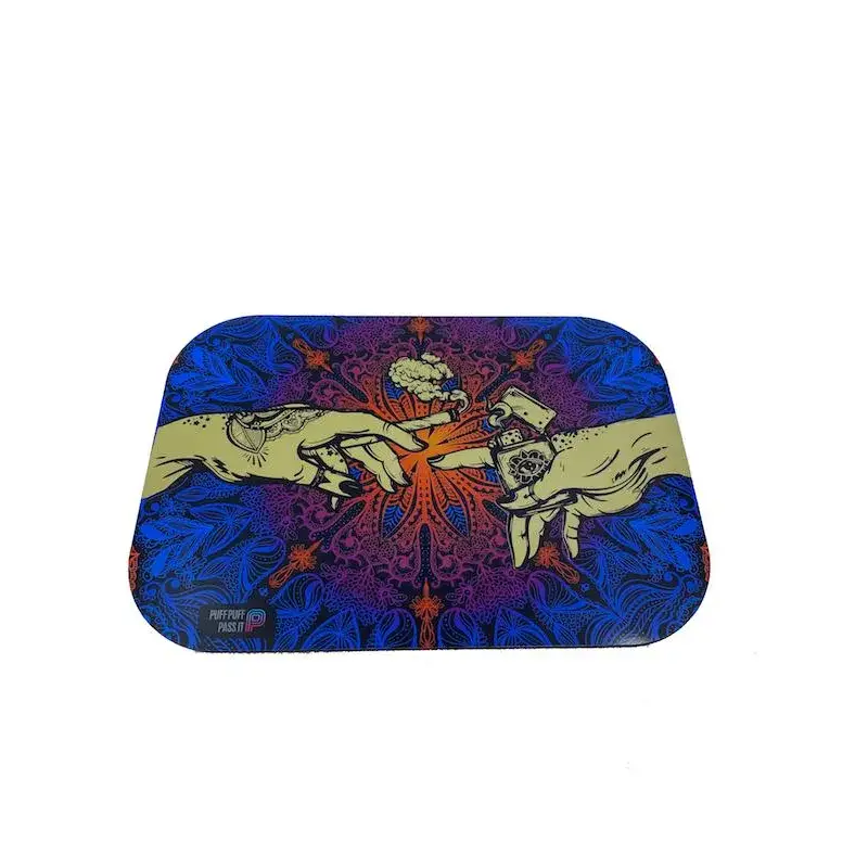 A rectangular metal rolling tray with rounded corners featuring a vibrant, psychedelic design of two hands reaching towards each other, one holding a lighter and the other a cannabis bud, set against a mandala-patterned background.