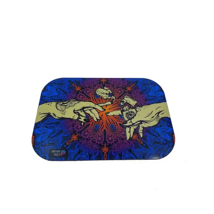 A rectangular metal rolling tray with rounded corners featuring a vibrant, psychedelic design of two hands reaching towards each other, one holding a lighter and the other a cannabis bud, set against a mandala-patterned background.