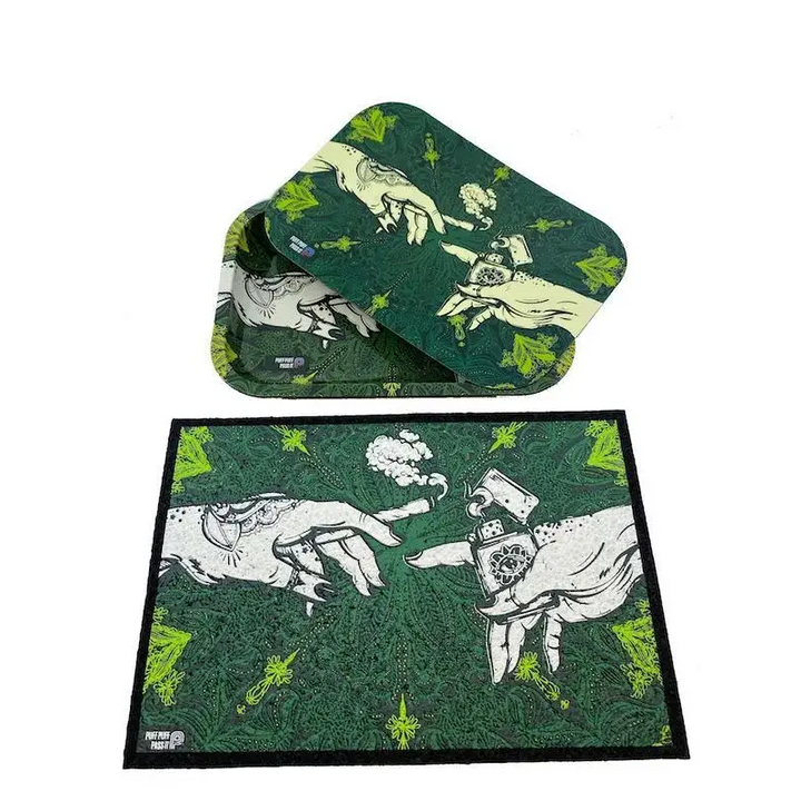 A matching green rolling tray with a lid and a rectangular moodmat, both featuring a 'Creation of Adam' parody design with hands, a joint, and a lighter, displayed on a white background.