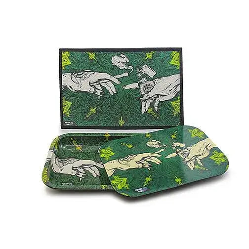 A green rolling tray with a matching lid, both featuring an artistic design of two hands reaching towards each other, one holding a lit joint and the other a lighter, against a background of cannabis leaves. The tray is partially covered by the lid, showcasing the design on both pieces.