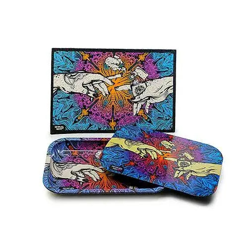 A rectangular fabric mat and a matching metal rolling tray with a lid, all featuring a psychedelic design of two hands reaching towards each other against a vibrant mandala background.