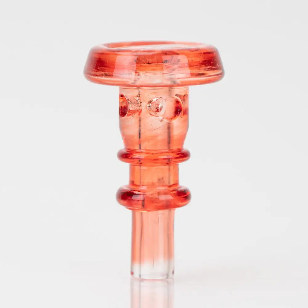 A transparent, vibrant red glass accessory with a wide, flat top and a cylindrical stem featuring two raised rings and small holes around its upper body.
