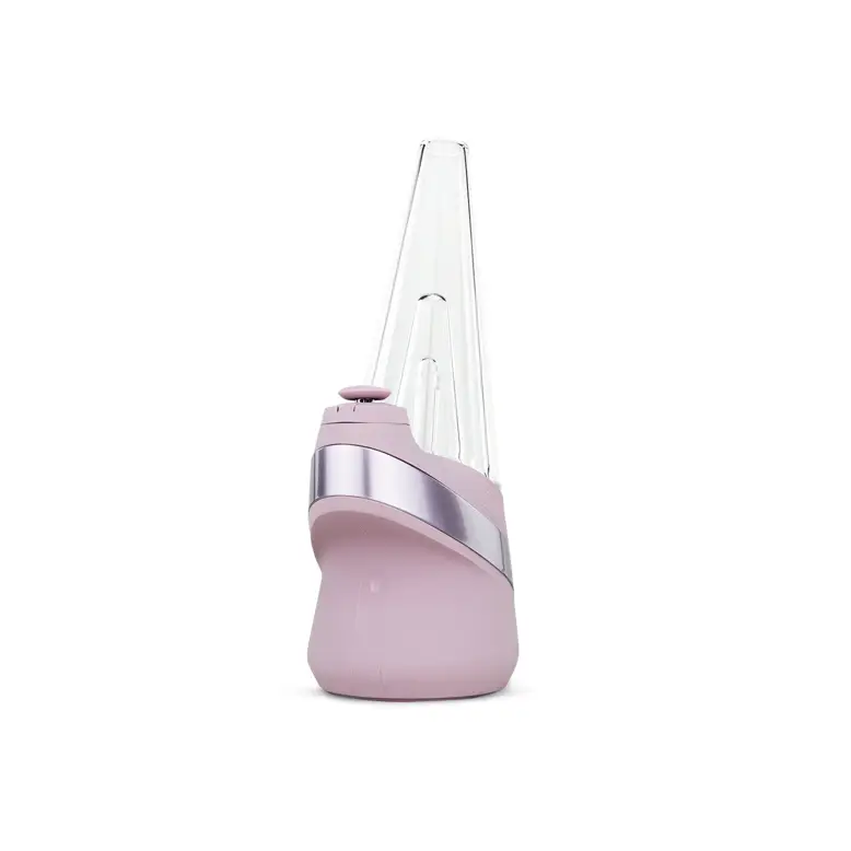 A pink and silver electronic vaporizer with a clear, conical glass top, standing on a white background.