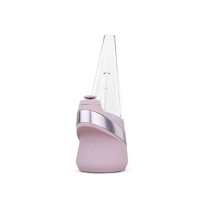 A pink and silver electronic vaporizer with a clear, conical glass top, standing on a white background.