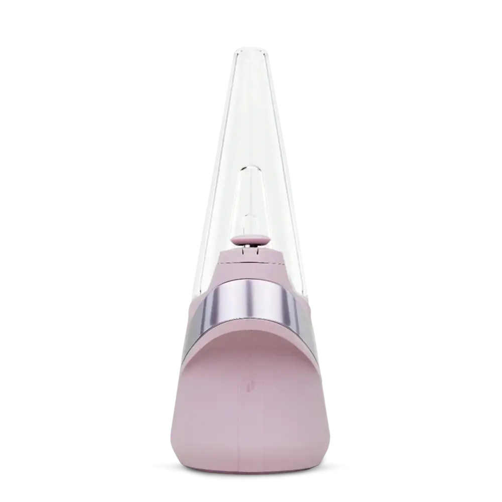 Front view of a light pink conical vaporizer with a clear glass top and a silver metallic band.