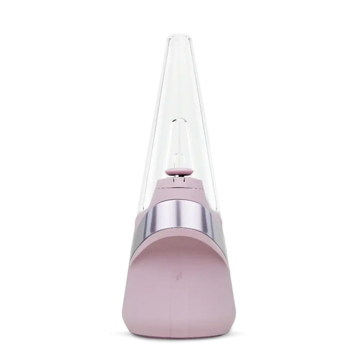 Front view of a light pink conical vaporizer with a clear glass top and a silver metallic band.