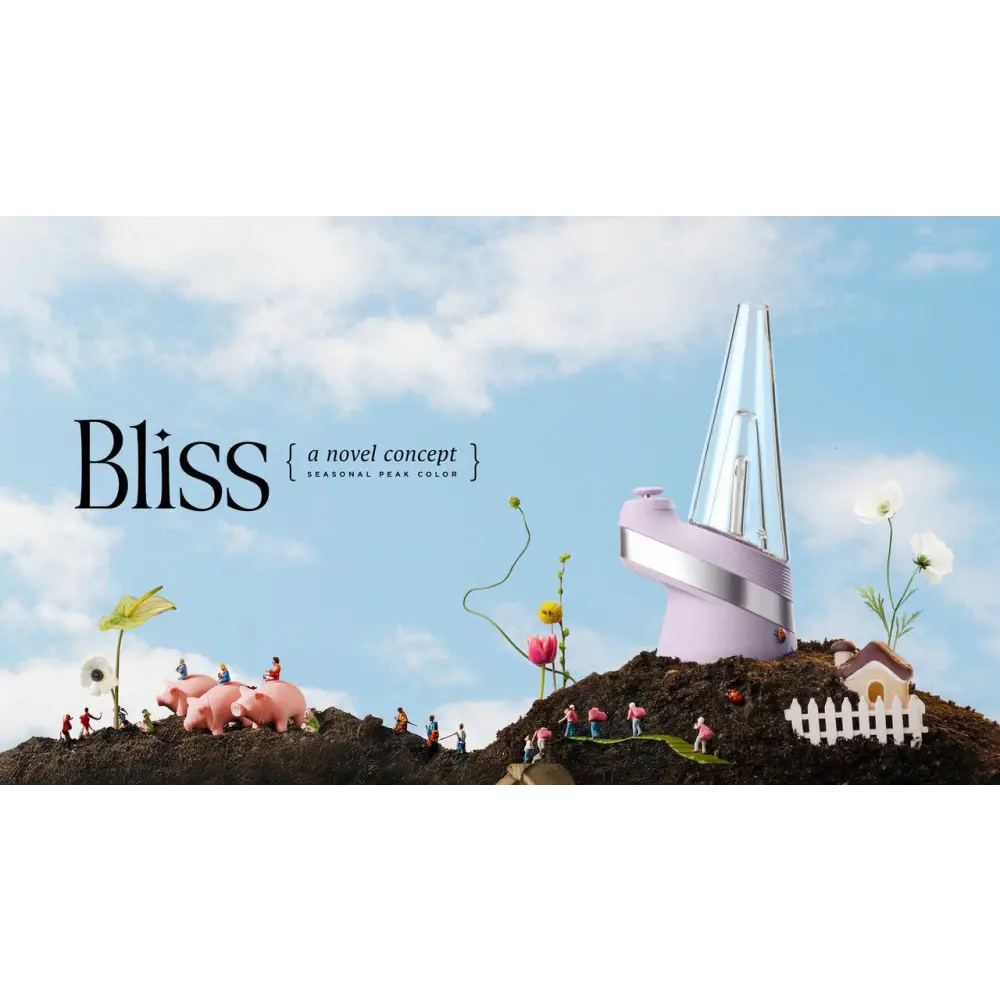 A lavender vaporizer sits on a miniature dirt mound in a whimsical garden scene with tiny people, pigs, flowers, and a small house under a blue sky. Text reads 'Bliss a novel concept seasonal peak color'.
