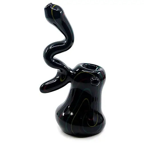 Black glass bubbler water pipe with a wavy neck and colorful rasta swirl patterns, displayed against a white background.