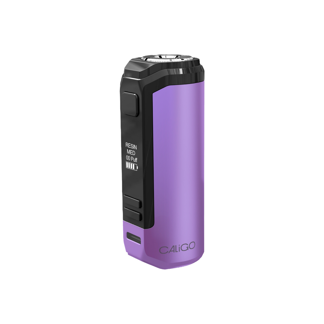 Angled view of a purple vape battery, showcasing its black frame, screen displaying 'RESIN' and '00 Puff', and 'CALIGO' branding.