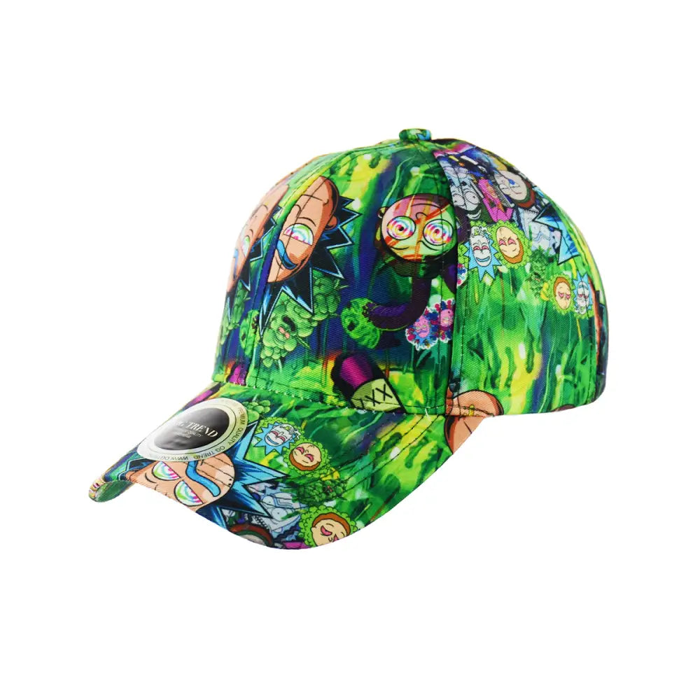 A vibrant green baseball cap featuring a repeating cartoon print of Rick and Morty characters and various psychedelic patterns.