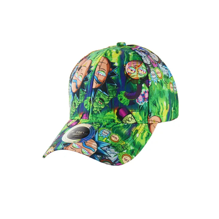 A vibrant green baseball hat featuring an all-over print of Rick and Morty characters and swirling green and blue patterns, angled slightly to the left.