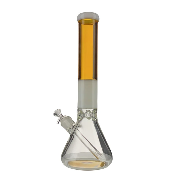 A clear glass beaker-shaped water pipe with an amber-colored liquid in the base and a matching amber-colored section at the top of the neck, separated by a white opaque band. A clear downstem and bowl are inserted into the side.