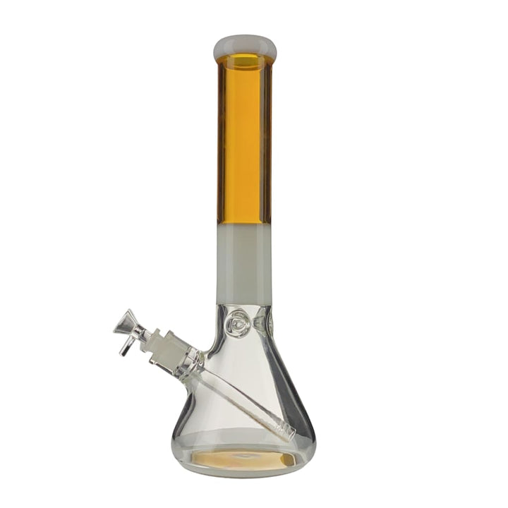 A clear glass beaker-shaped water pipe with an amber liquid filling the upper neck and a white band below it, featuring a clear downstem and bowl, presented on a white background.