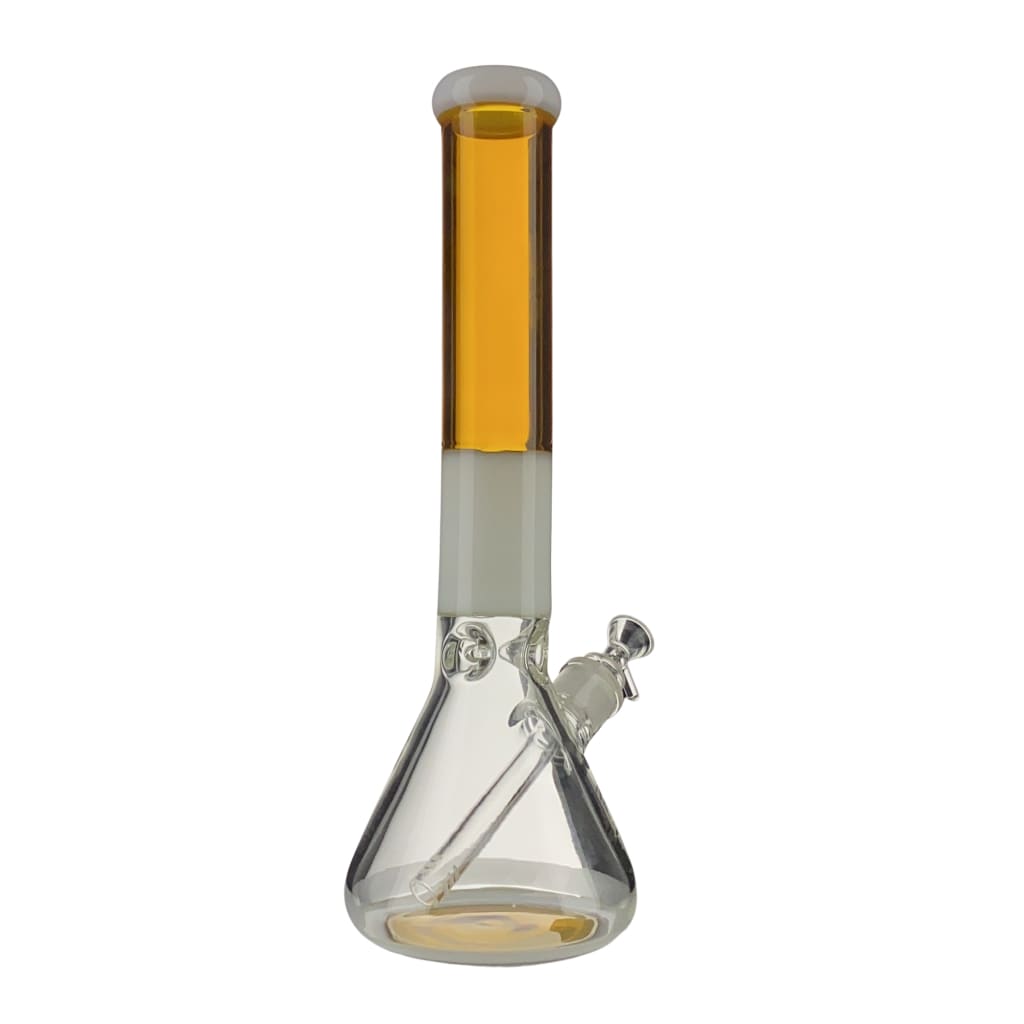 A clear glass beaker water pipe with amber liquid and a white band around the neck, shown against a white background.