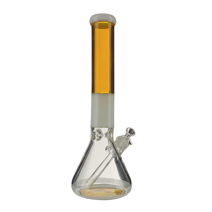 A clear glass beaker water pipe with amber liquid and a white band around the neck, shown against a white background.
