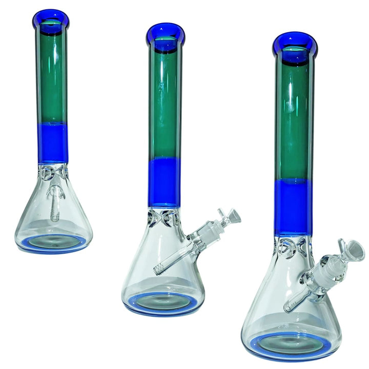 Three identical glass beaker bongs with clear bases, blue accents, and green upper tubes, shown against a white background.