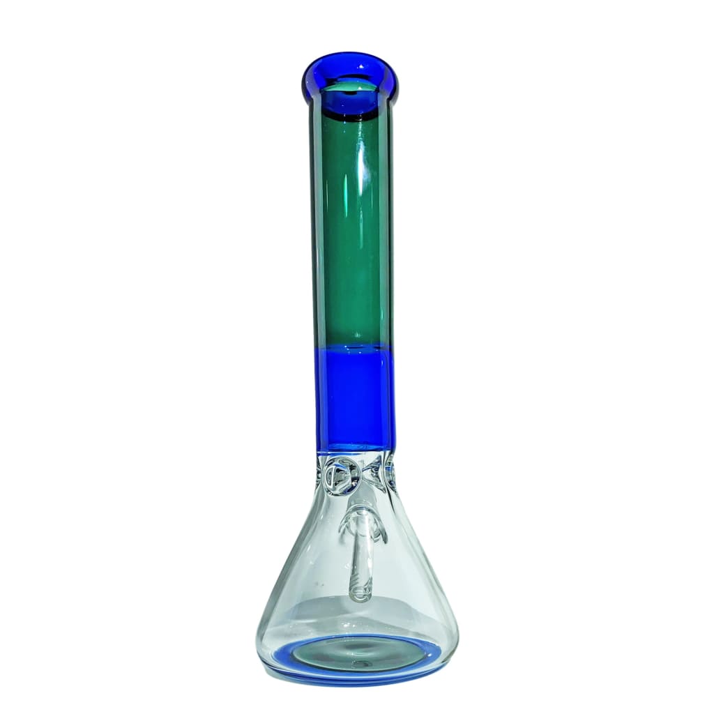 A tall, two-toned glass water pipe with a blue beaker base and a green straight tube neck, featuring a blue rimmed mouthpiece and a clear downstem inside.