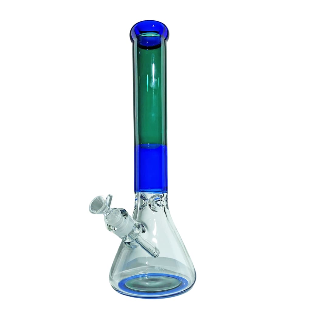A tall, clear glass beaker-style water pipe with a blue base and mouthpiece, and a green mid-section, featuring a clear glass downstem and bowl.