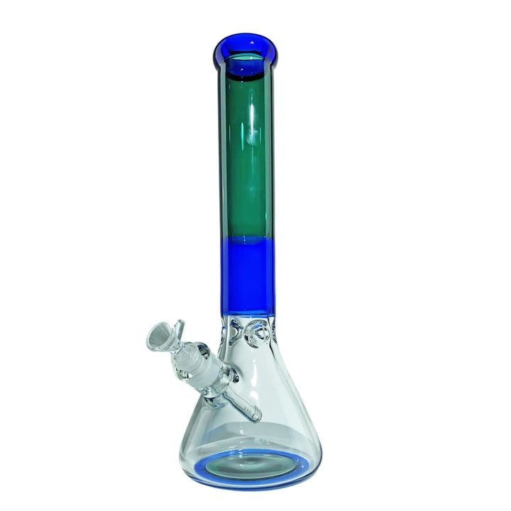 A tall, clear glass beaker-style water pipe with a blue base and mouthpiece, and a green mid-section, featuring a clear glass downstem and bowl.