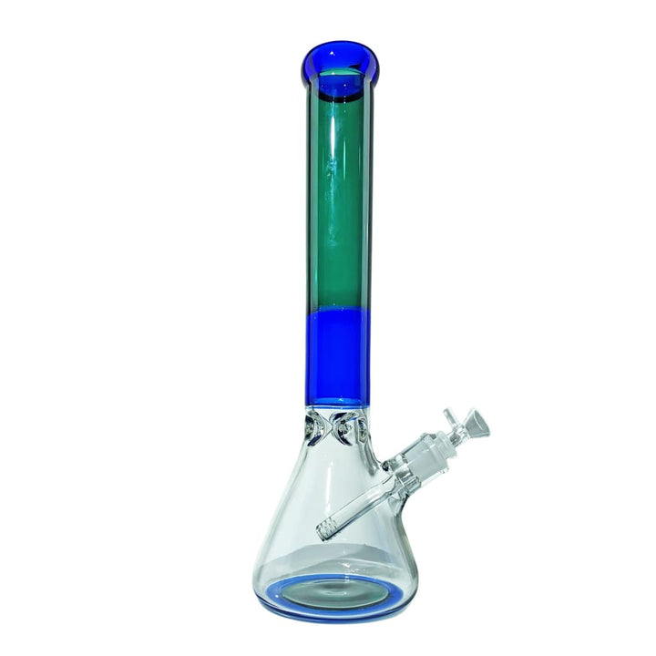 A vibrant blue and green glass beaker-style water pipe with a clear base, featuring a removable downstem and bowl piece, set against a white background.