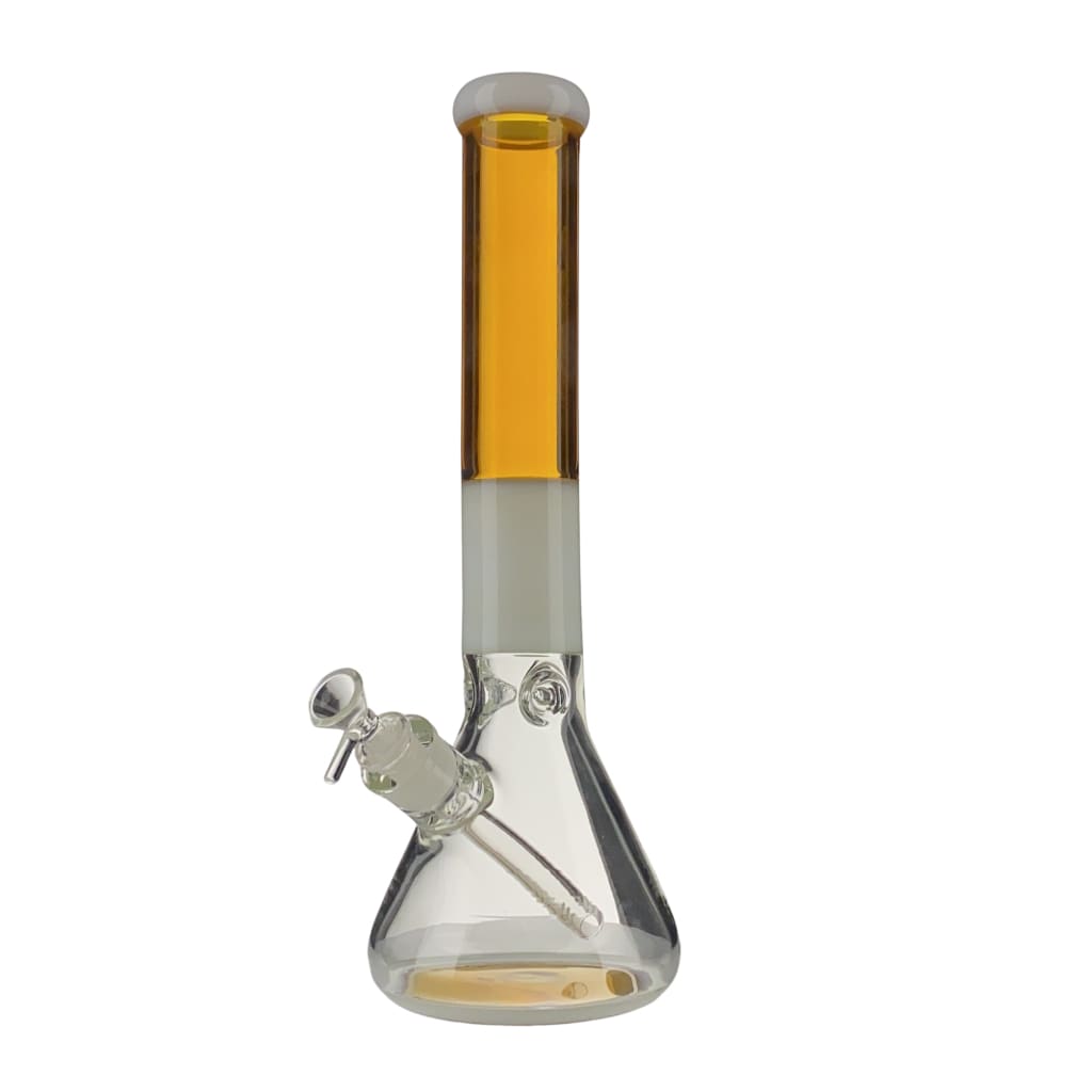 Clear glass beaker-style water pipe with an amber-colored liquid or glass in the neck and base, featuring a white band around the middle of the neck.