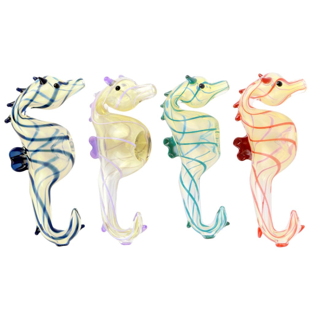 Four colorful glass hand pipes shaped like seahorses, each with a different striped pattern and accent color, displayed against a white background.