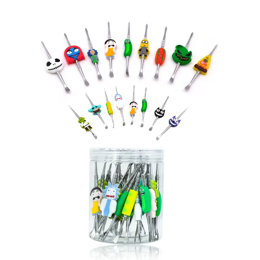 A display of numerous metal dabber tools with colorful silicone character handles, some fanned out and others stored in a clear plastic jar.