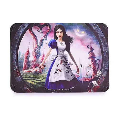 A rectangular silicone dab mat featuring a dark, horror-themed Alice in Wonderland illustration with a woman in a blood-splattered blue and white dress holding a knife, set against a surreal landscape.