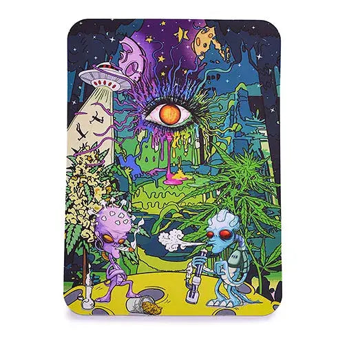 A vibrant, psychedelic cartoon illustration featuring aliens, a UFO, a large eye, and cannabis plants on a flat surface.