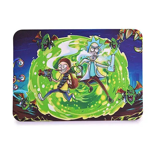 Rectangular mat with rounded corners featuring a vibrant cartoon of Rick and Morty emerging from a glowing green portal, surrounded by cannabis-bud-like monsters and floating eyeballs in a dark space background.