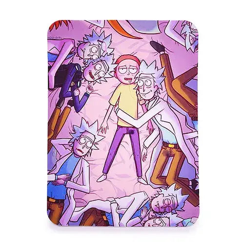 A rectangular silicone dab mat with rounded corners featuring a cartoon design of multiple Rick and Morty characters lying on a pink surface, with one Morty in the center surrounded by various Ricks.