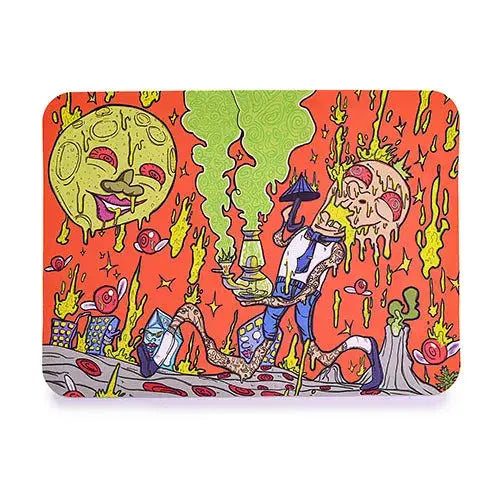 A rectangular silicone dab mat featuring a vibrant, psychedelic cartoon illustration with a melting pizza-faced moon, a character with a pizza head holding a lantern emitting green smoke, and melting objects and snails on an orange background.