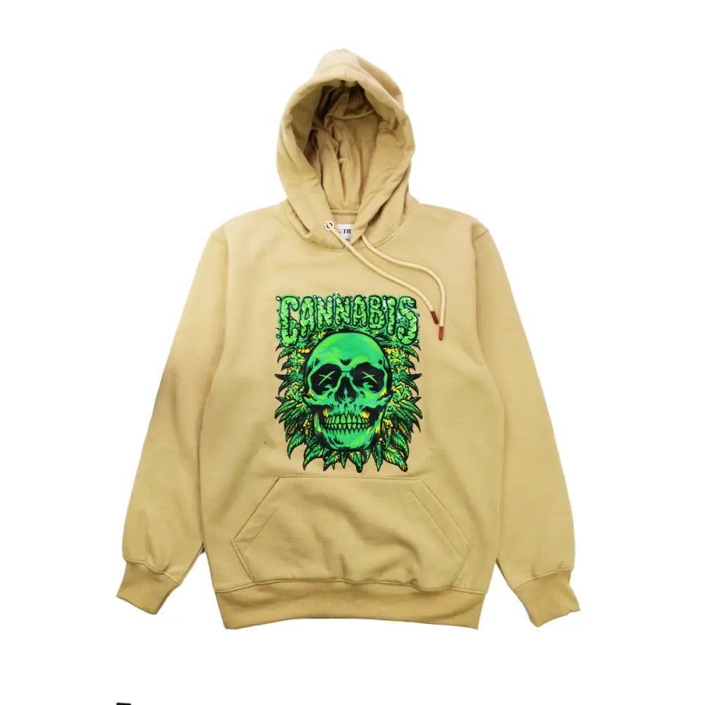 Light tan hoodie featuring a vibrant green skull design surrounded by cannabis leaves and 'CANNABIS' text above.