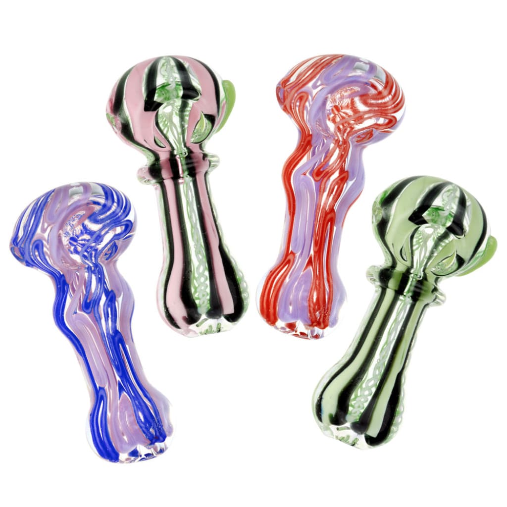 Four colorful glass hand pipes with swirled and striped patterns, displayed against a white background.