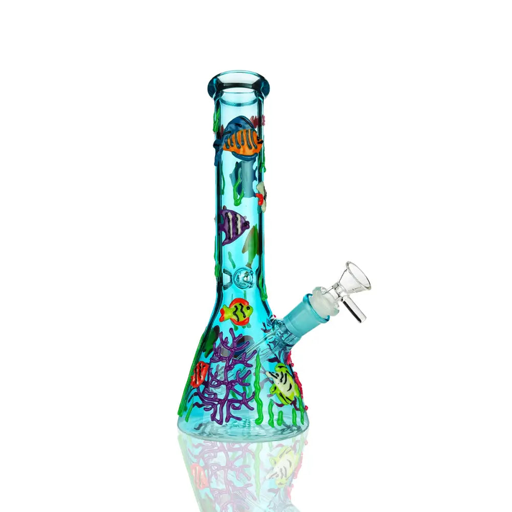 A vibrant blue beaker-style water pipe adorned with colorful 3D aquatic decorations including fish and coral, set against a clean white background.