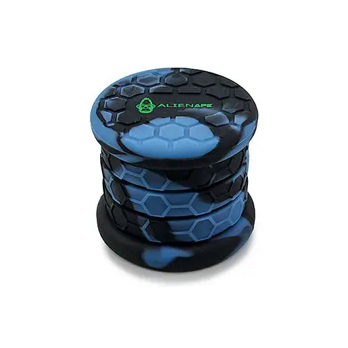 Collapsible silicone storage jar in black and blue with a hexagonal pattern, featuring a green 'ALIENAPE' logo on the lid, shown from a slightly elevated angle against a white background.