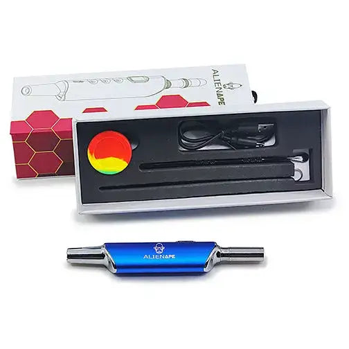 A white box containing a black electric nectar collector, a colorful silicone container, and a charging cable, with a separate blue nectar collector device in the foreground.
