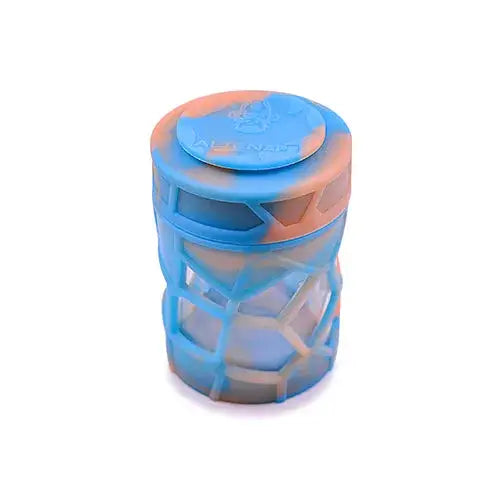 A close-up view of a blue and orange tie-dye silicone jar with a textured geometric pattern and a logo on the lid.