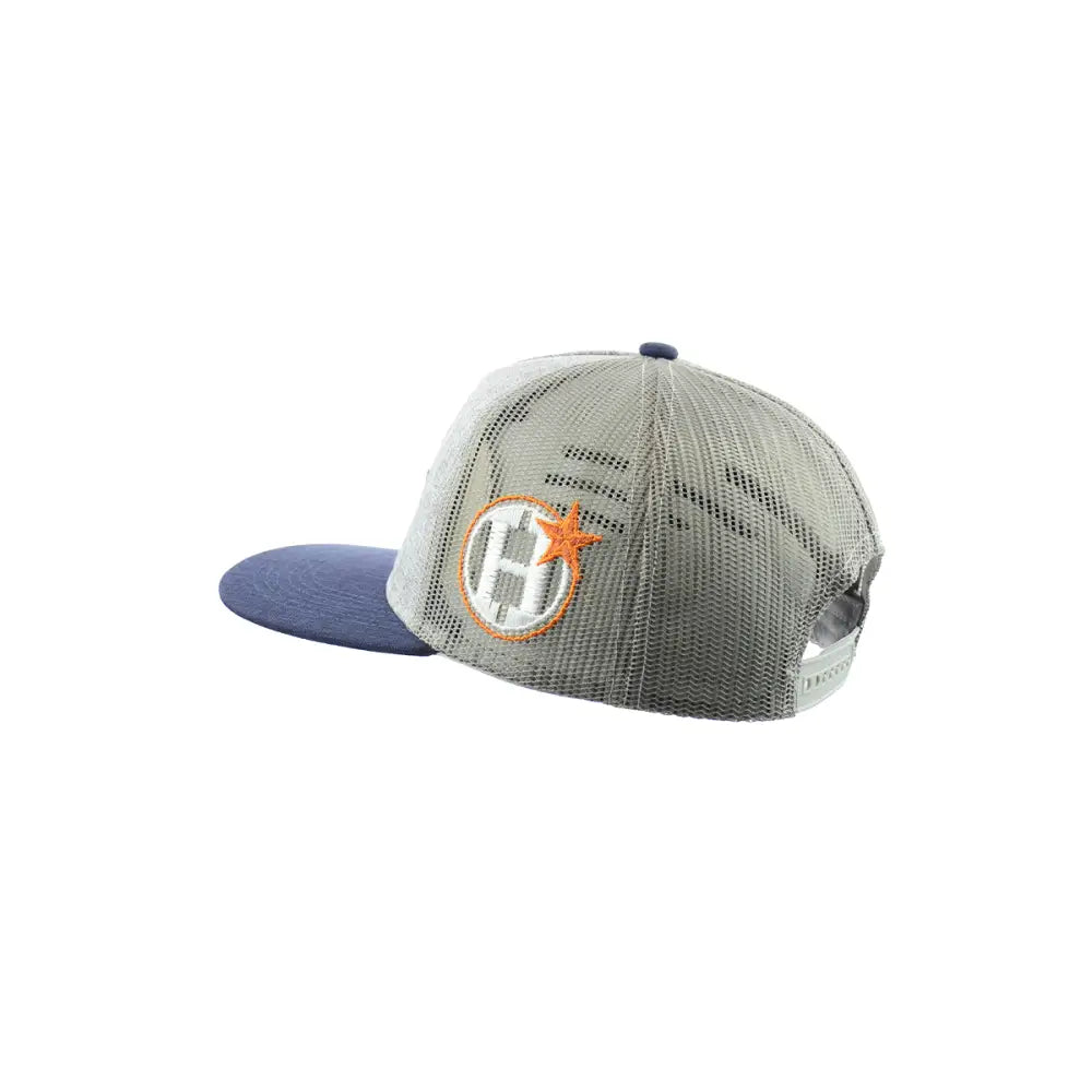 Side-back view of a grey mesh snapback hat with a blue brim and an embroidered orange 'H' logo with a star.