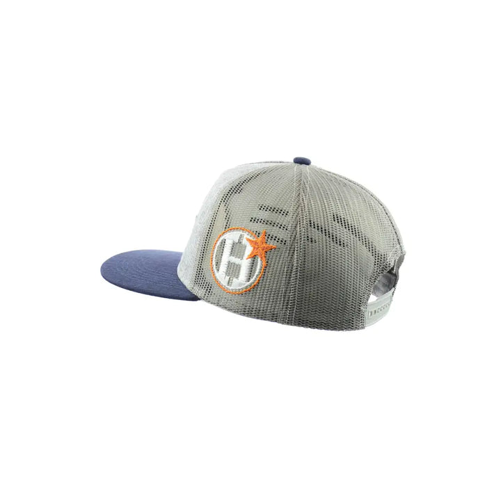 Side-back view of a grey mesh snapback hat with a blue brim and an embroidered orange 'H' logo with a star.