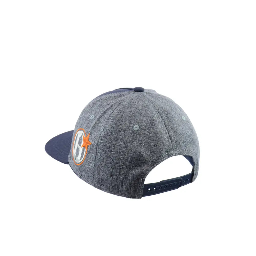 Rear-side view of a gray and navy blue snapback hat, showing the adjustable strap and an embroidered orange star design with a white letter 'H' on the side.