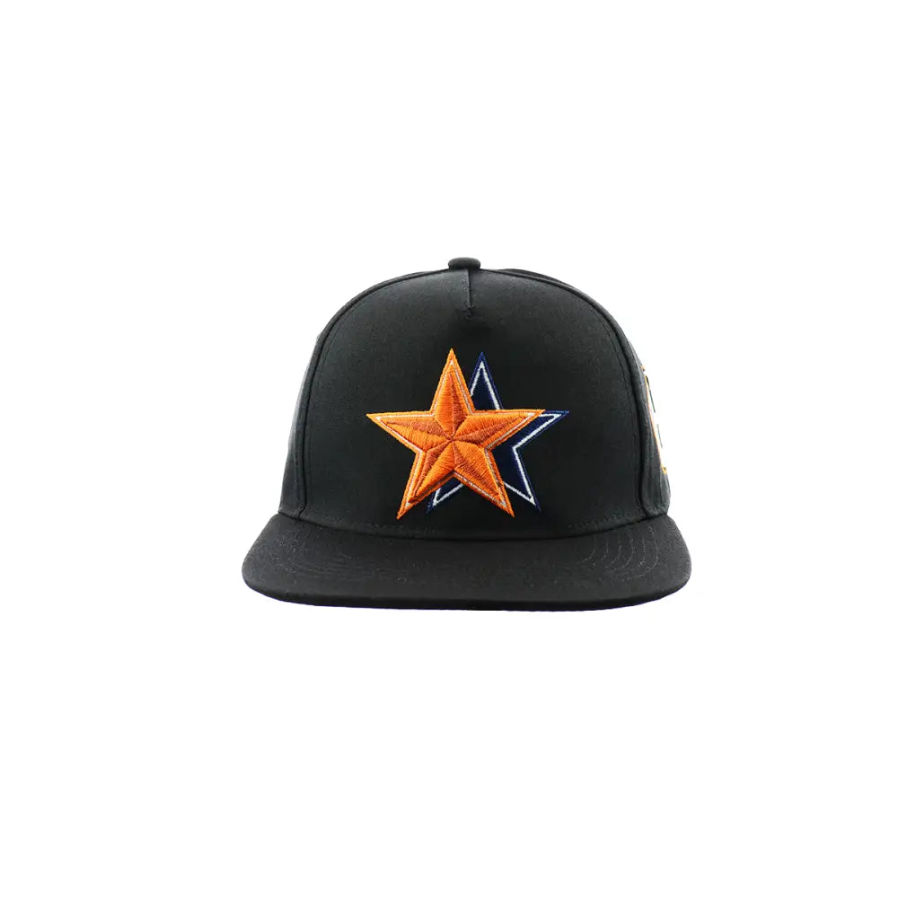 Front view of a black snapback hat featuring an embroidered orange star with a blue outline on the crown.
