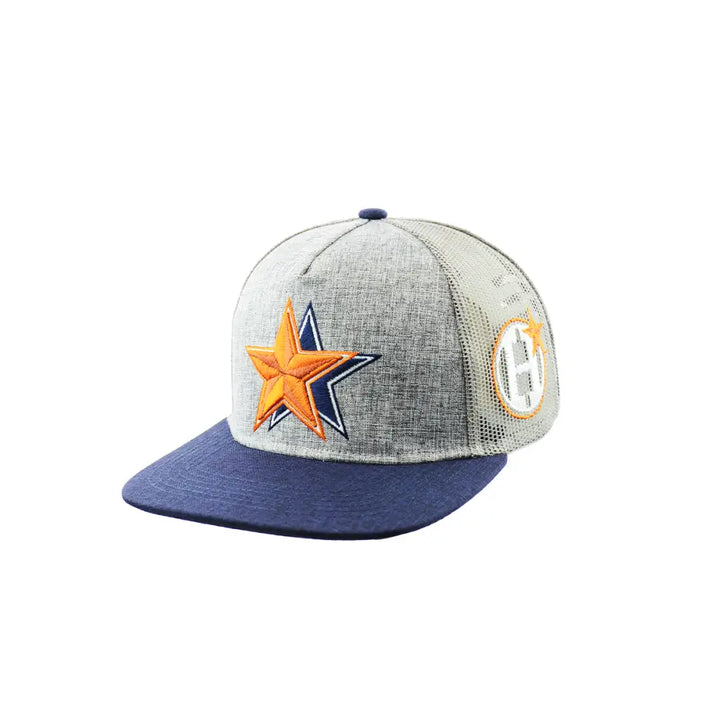 A grey and blue snapback hat with a flat brim, featuring an embroidered orange and blue star design on the front panel and an orange 'H' logo on the side mesh.