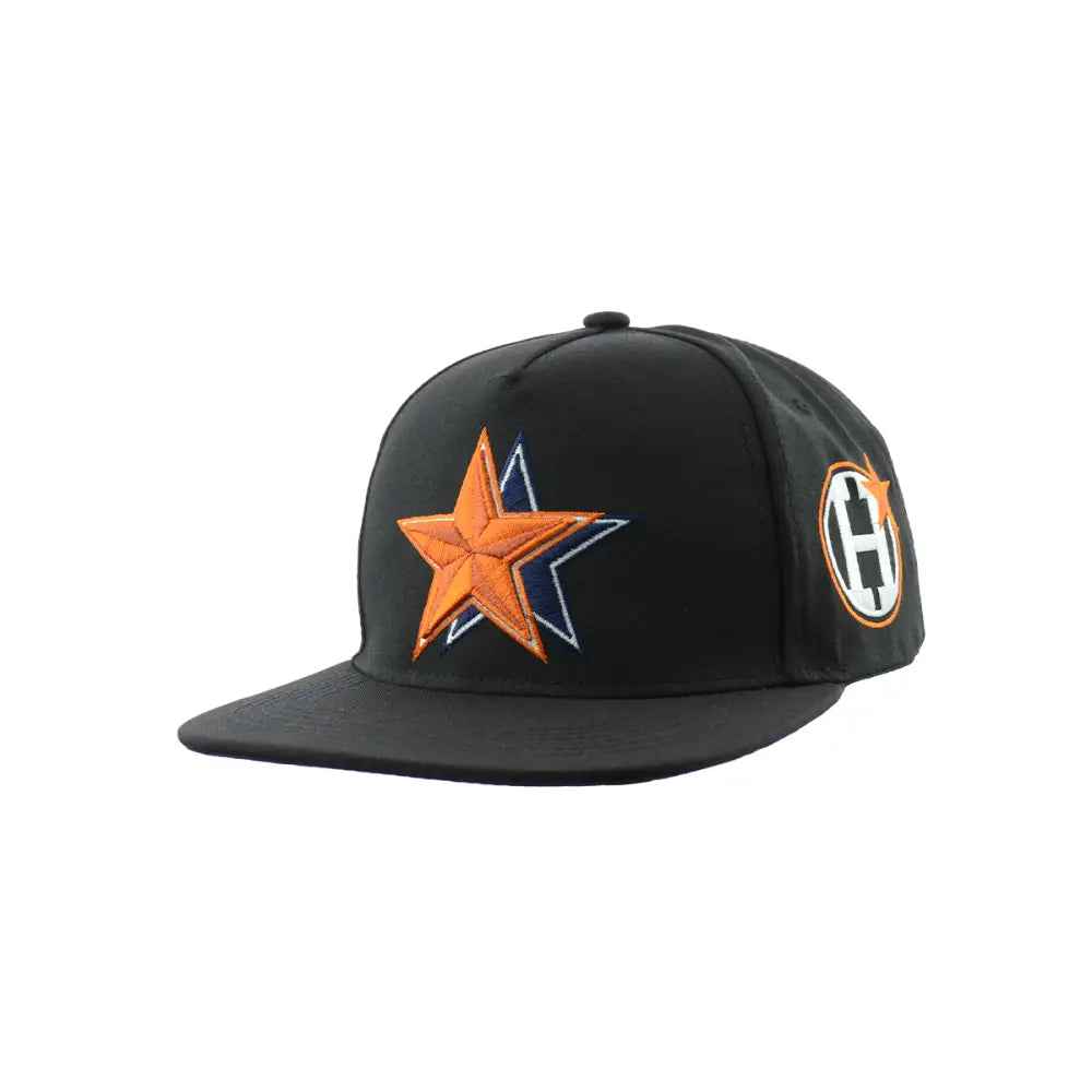 Black snapback hat with an embroidered orange and blue star design on the front, and a circular logo with an 'H' on the side, presented against a white background.